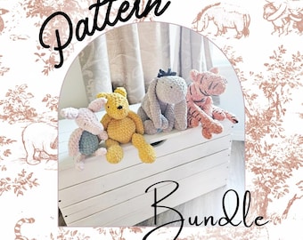 Classic Winnie the Pooh, Piglet, Eeyore, and Tigger Amigurumi Crochet Pattern Bundle, English PDF