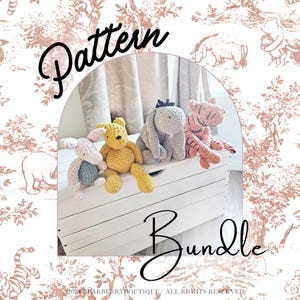 May include: Four crocheted plush toys sitting on a white wooden chest. The toys include a light pink pig, a yellow bear, a grey donkey, and a pink and orange striped tiger. The image features the text Pattern Bundle and 2024 BearberryBoutique.