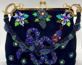 Handbag,Handmade,Blue Snake,Art Déco,Black Handbag, Evening Handbag,Evening,Snake, Beautiful Handbag