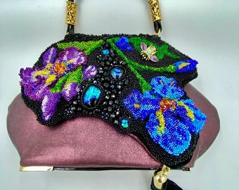 Handbag,Unique Handbag, Irises Have Bloomed, Evening and Day Handbag, Only One, Lilac Blue,Embroidered with Beads, Leather Handbag