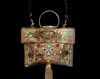 Byzantium,Gold Bag, Unique, Handmade,Handbag,Gold,Rhinestone, Swarovski,Brass,Handle,Strap,Leather,Tassel,Ornaments,Chains,Panther