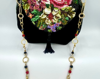 Handbag,Unique,Handmade handbag, Flowers,Embroidered bag ,Varnished leather,Swarovski crystals, Black suede,Evening bag,