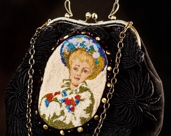 Unique Handmade handbag,Artistic,genuine black suede,tapestry,Decorated,Boy,Flowers,Black beads,Decorative Frame,Feet of brass