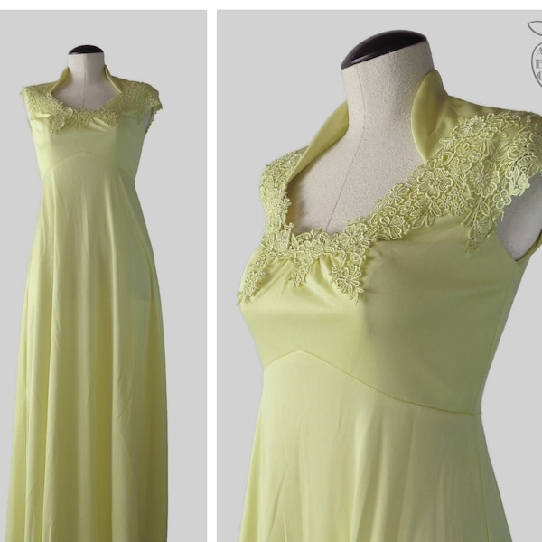 Vintage 1970s Poetess Lace Empire Maxi Hostess Dress - SIZE S to M - Edwardian Revival Summer Gown - Swan Neck Cap Sleeve - Pastel Yellow