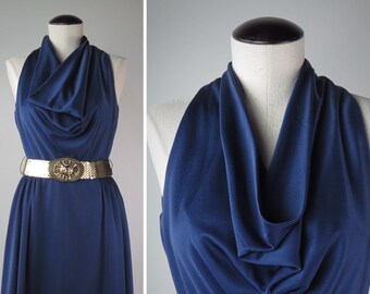 Vintage 1970s Fit & Flare Slinky Knit Deep Cowl Dress - SIZE XS to S - Disco Era 70s 80s Sleeveless Full Skirt Dress - Vibrant Royal Blue