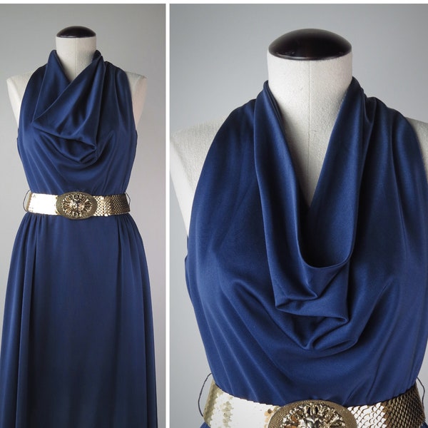 Vintage 1970s Fit & Flare Slinky Knit Deep Cowl Dress - SIZE XS to S - Disco Era 70s 80s Sleeveless Full Skirt Dress - Vibrant Royal Blue