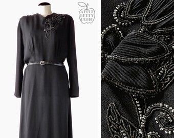 Vintage 1940s Black Dahlia Beaded Widow Dress - SIZE L - Wool Crepe Long Sleeve Floral Applique Passementerie - Memento Mori Funeral Goth