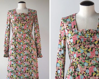 Vintage 1960s Primavera Smocked Floral Maxi Dress - SIZE S - Mindy Malone for Clobber of London - Swinging 60s Boho Gown - Pink Blue Yellow