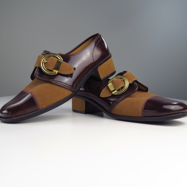 Vintage 1960s Mod Two Tone Buckle Shoes - SIZE 5.5 - Buckle Strap Chunky Heel Youthquake Vegan Suede Patent Leather 1" Heel - Brown Tan