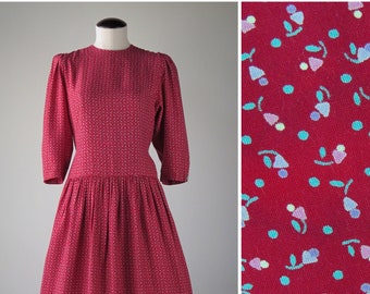 Vintage 1980s Romantic Drop Waist Prairie Revival Dress - Size XS-S - Jane Schaffhausen Belle France - Ditsy Print Half Sleeve  - Red Maroon