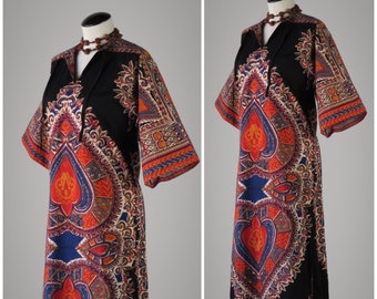 Vintage 1970s Unisex African Dashiki Maxi Kaftan Tunic - SIZE S/M - 100% Cotton Print Kimono Sleeve  Summer Festival - Black Orange Blue