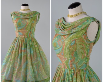 Vintage 1950s Fit & Flare Cowl Party Dress - SIZE XS - 50s 60s Sleeveless Full Skirt Semi Sheer Cotton Spring Summer - Lime Aqua Dusty Peach