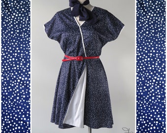 Vintage 1970s Polka Dot Surplice Dress - SIZE M-L - Miss Mary of Sweden - Poly Knit Fit & Flare Kick Pleat Kimono Sleeve - Navy Blue White