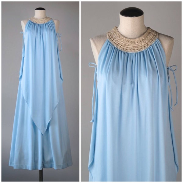 Vintage 1970s Sky Goddess Macrame Halter Maxi Dress - SIZE XS to S - Medieval Boho Poly Jersey Crochet Tiered Handkerchief Hem - Blue Ecru