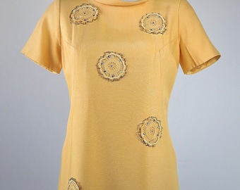 Vintage 1960s Mod Buttercup A-Line Sheath Dress - SIZE S - Late 60s Spring Wool Embroidered Lace Appliqué Beaded Rhinestones - Butter Yellow