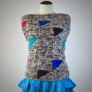 Vintage 1980s Acute Angle Sweater Vest - SIZE S to M - Space Dye Hand Knit Chunky Geometric Triangle Print Sweatervest - Magenta Aqua Black