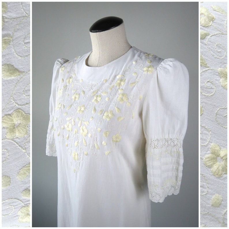 Vintage 1970s Does Edwardian Folk Cotton Dress SIZE M Made in Ecuador Embroidered Pintuck Lace Victorian Prairie Cottagecore Ivory image 6