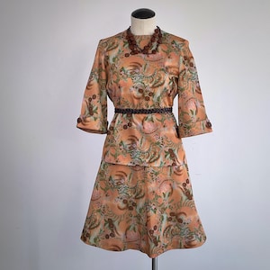 Vintage 1970s Mod Knit Tunic Blouse & Skirt Set - SIZE S - 2 Pc Half Sleeve Top A Line Skirt 70s Poly Knit Stretch - Dusty Peach Aqua Brown