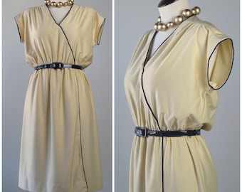 Vintage 1970s Midi Surplice Wrap Dress - SIZE M to XL - Qiana Nylon Contrast Piping Short Sleeve Sheath Dress - Schrader Sport - Beige Navy