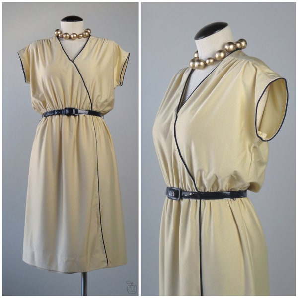 Vintage 1970s Midi Surplice Wrap Dress - SIZE M to XL - Qiana Nylon Contrast Piping Short Sleeve Sheath Dress - Schrader Sport - Beige Navy