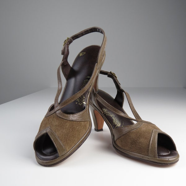 Vintage 1960s Suede Slingback Peep Toe Heels - SIZE 9M - 70s Does 40s Strappy Sling Back Pumps 3" Heel Mixed Leather - Brown Grey Taupe