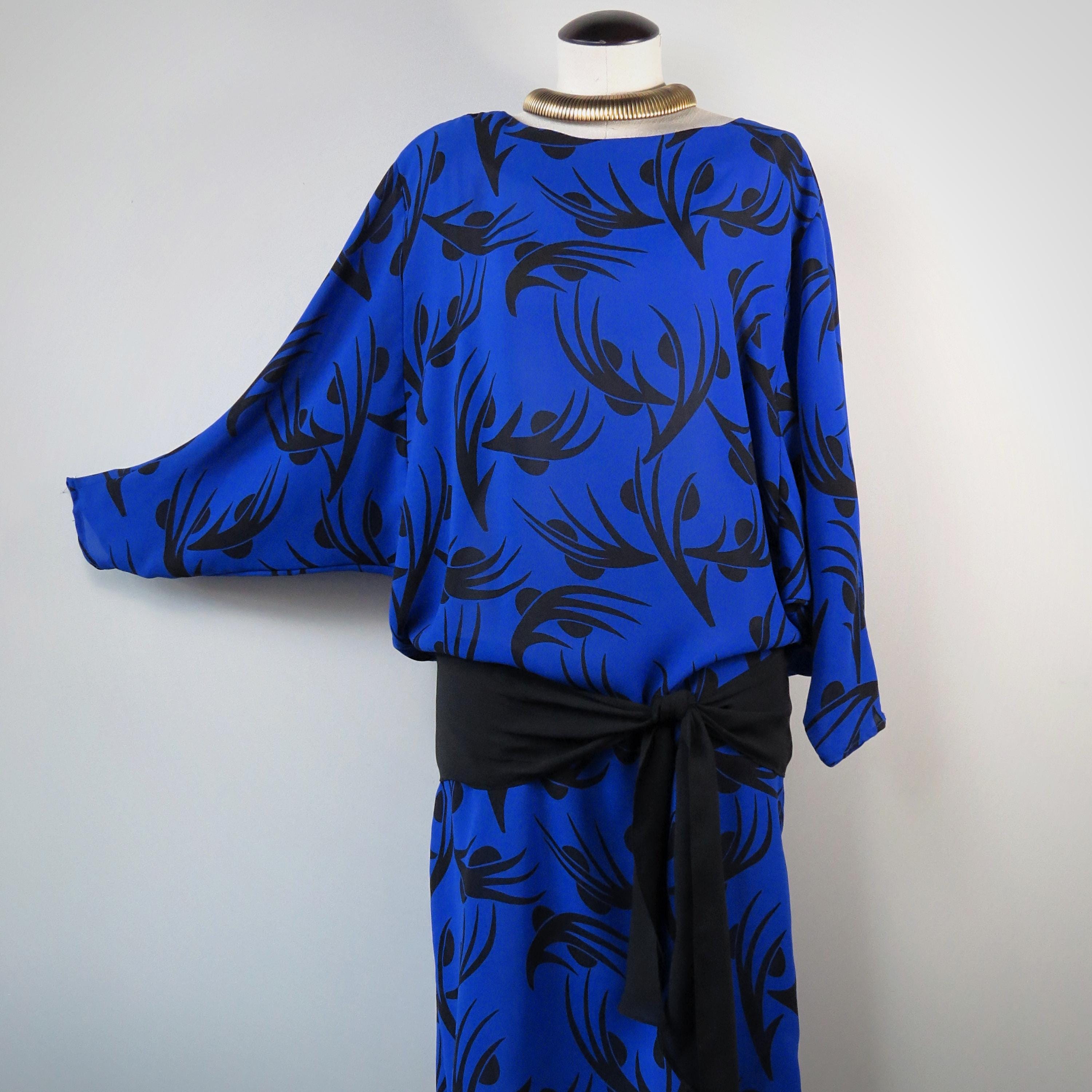 Vintage 1980s Batwing Cocoon Dress & Sash Belt - SIZE M
