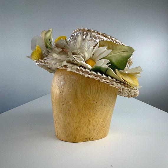 Vintage 1950s Summer Bouquet Ladies Straw Boater Hat 