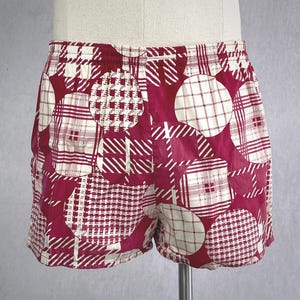 Vintage 1970s Mod Retro Print Swim Trunks - Sea Mark - SIZE M - 60s 70s Mens Swim Surf Pool Shorts Geometric Print Cotton - Maroon Red White
