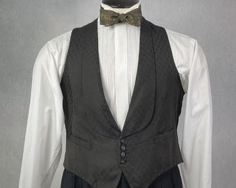 Antique Edwardian Mens Brocade Waistcoat - Size S 36/38 - 1900s 10s 20s Silk Sateen Shawl Collar Tux Vest Evening Baroque Goth - Black
