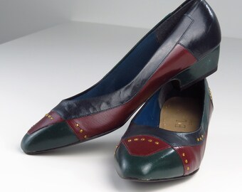 Vintage 1980s Colorblock Leather Low Heel Pumps - SIZE 7 Narrow - Dark Academia Preppy Patchwork Studded Leather Heels - Burgundy Navy Green