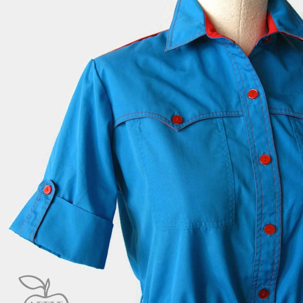 Vintage 1970s Cowgirl Blues Collared Shirt Dress - A-Line Skirt with Elasticized Waist - Western Styling - Aqua and Red - M to L