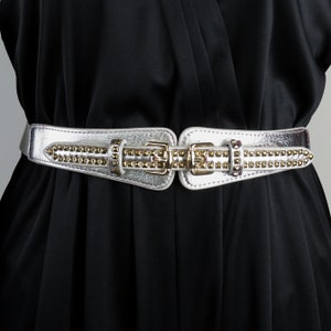 Vintage 1980s Glam Punk Studded Stretch Belt - SIZE M/L - Metallic Vegan Leather Metal Buckle Pyramid Studs 80s Statement Belt - Silver Gold