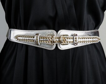 Vintage 1980s Brutalist Style Tooled Metal Belt w/Silver & Bronze Embellishments Accessories | Vintage 198s Brutalist Style Tooled Metal Belt  main image 4