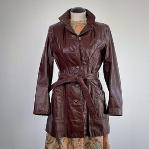 Vintage 1970s Mod Womens Belted Leather Jacket - SIZE M  - Tie Front Button Patch Pocket Notch Collar Genuine Leather - Oxblood Cognac Brown
