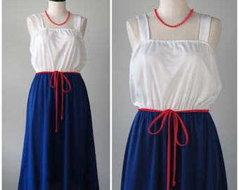 Vintage 1970s Bicentennial Blouson Sun Dress & Belt - SIZE L - A-Line Midi Sleeveless Summer Dress String Belt Jersey Knit - Red White Blue