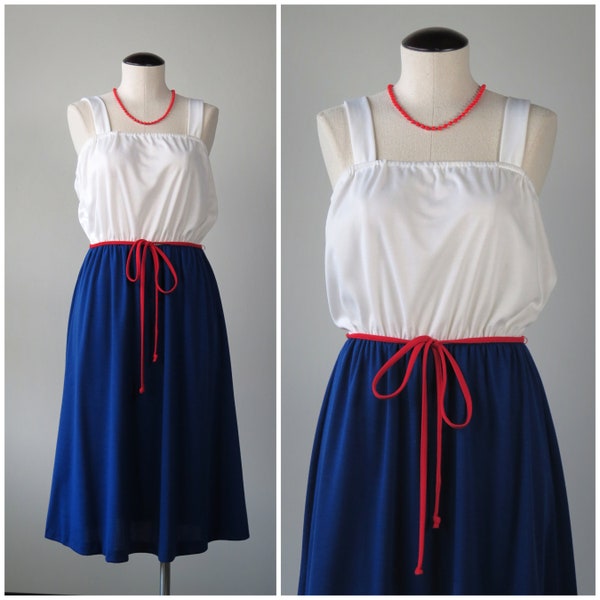 Vintage 1970s Bicentennial Blouson Sun Dress & Belt - SIZE L - A-Line Midi Sleeveless Summer Dress String Belt Jersey Knit - Red White Blue