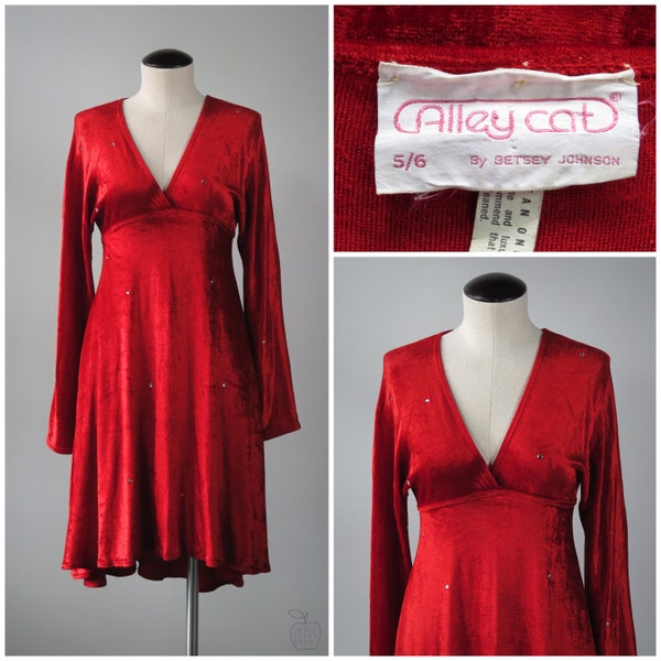 Vintage 1970s Cherry Bomb Velour Knit Surplice Dress - RARE Early Betsey Johnson Alley Cat - SIZE M to L - V Neck Hi Lo Hem Rhinestone - Red