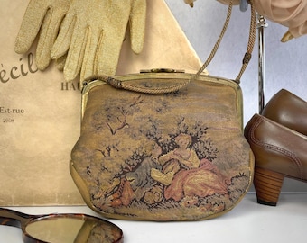Antique French Tapestry Chatelaine Purse - Victorian Edwardian Rococo Petit Point Needlepoint Courting Couple - Antique Gold Pink Blue