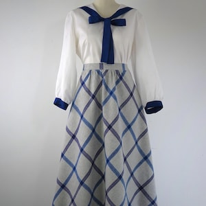 Vintage 1970s Tartan A-Line Librarian Skirt - SIZE L/XL W33&quot; - Cos Cob - Midi Length Hem Windowpane Bias Plaid Wool - Gray Purple Blue