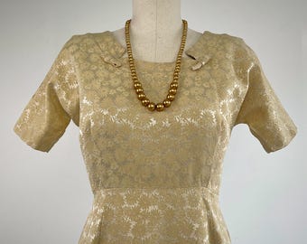 Vintage 1960s Brocade Cocktail Sheath Dress - SIZE S - Kimono Sleeve Floral Damask Jacquard Satin Cotton Rayon - Pale Yellow Antique Gold