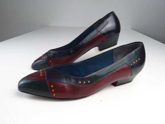 Vintage 1980s Colorblock Leather Low Heel Pumps -… - image 4