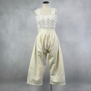 Antique 1900s Belle Époque Pantalette Bloomers - SIZE S Waist 28&quot; - Victorian Edwardian Embroidered Cotton Muslin Pantaloon Pants - Ivory