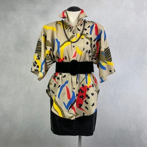 Vintage 1980s Boxy Mixed Print Blouse - SIZE L/XL - 80s 90s Oversize Abstract Print Cotton Shoulder Pad Button Down Unisex Shirt - Red Black