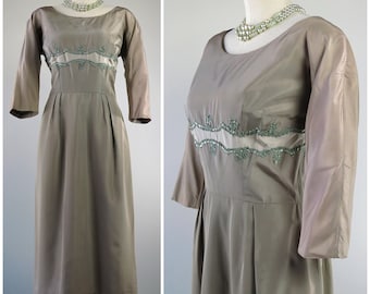 Vintage 1950s Dove Grey Taffeta Bustle Midi Sheath Dress - SIZE M to L - 3/4 Sleeve Embroidered Sequin Midriff - French Gray Seafoam