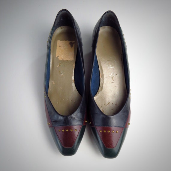 Vintage 1980s Colorblock Leather Low Heel Pumps -… - image 5