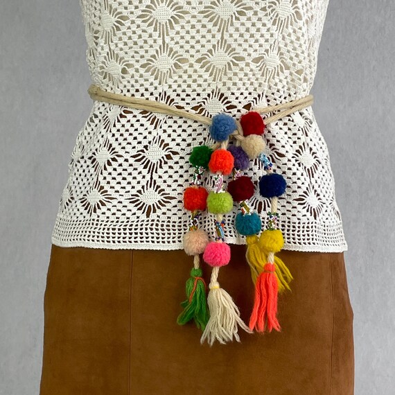 Vintage 1950s Native Beaded Pom Pom Tie Belt - Handmade Wool  display picture 2