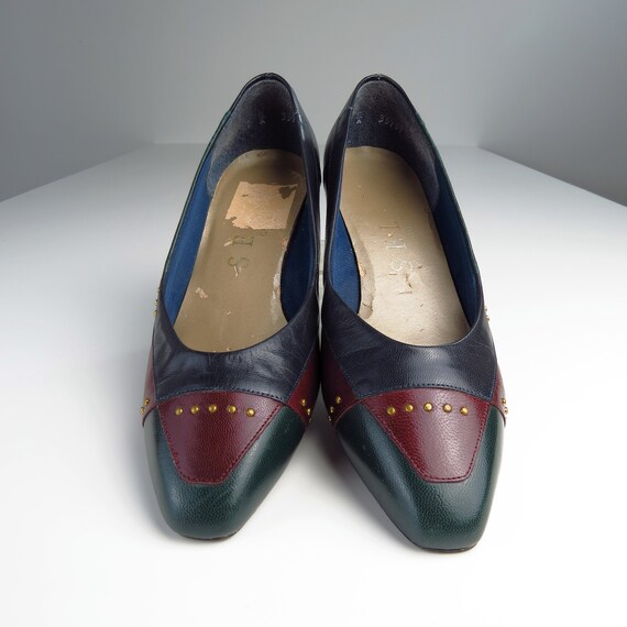 Vintage 1980s Colorblock Leather Low Heel Pumps -… - image 3