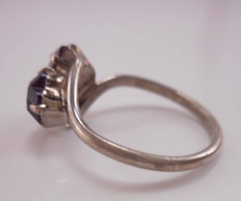 Faux Amethyst Ring Vintage McGrath Hamin Nickel Silver Double Heart Purple Rhinestone Ring Size 6 Nickel Silver MH Pinky Heart Ring