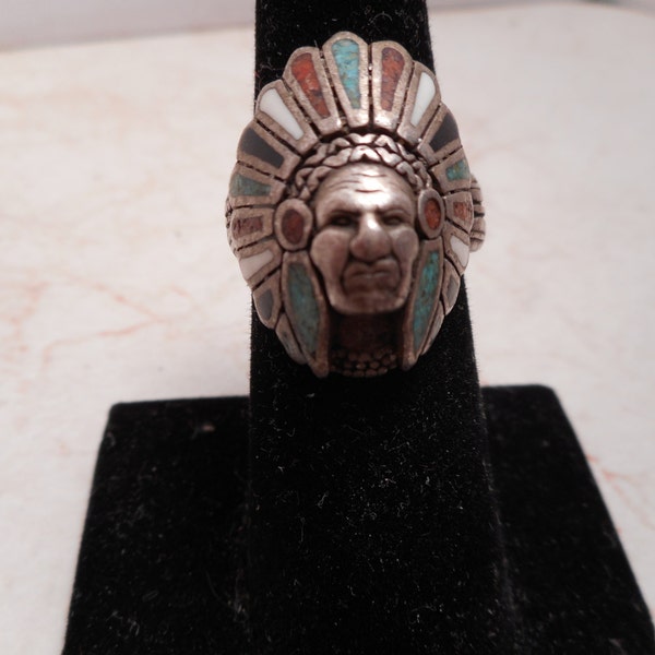 Sterling Silver Zuni Ring Native American Indian Chief Ring With Stone Inlay Size 6.5