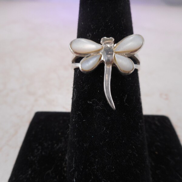 Vintage Sterling Silver DragonFly Ring Mother of Pearl Inlay Size 6 1/2